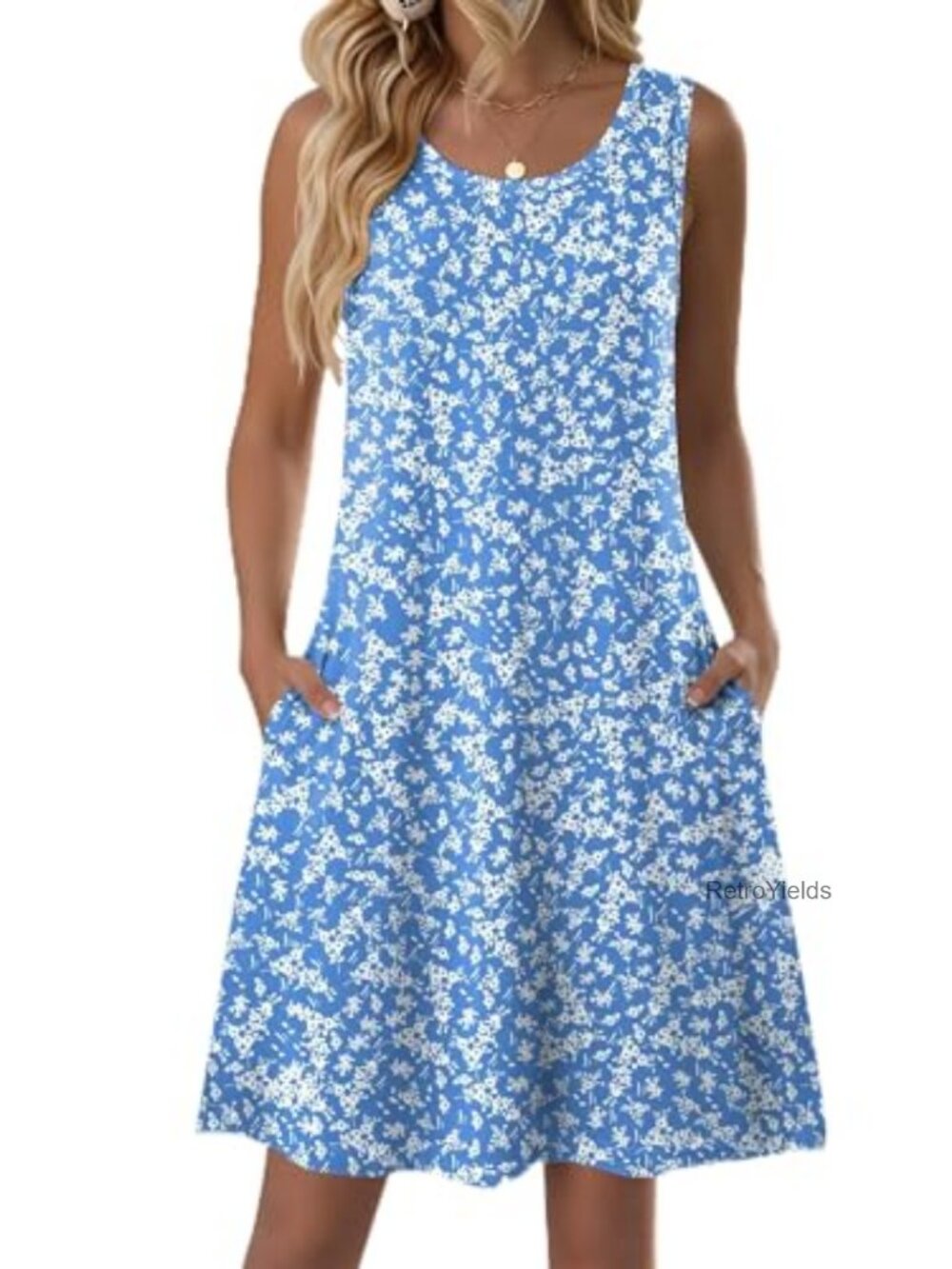 Summer Sleeveless Floral T-Shirt Sundress with Pockets Loose Tank Beach Dress